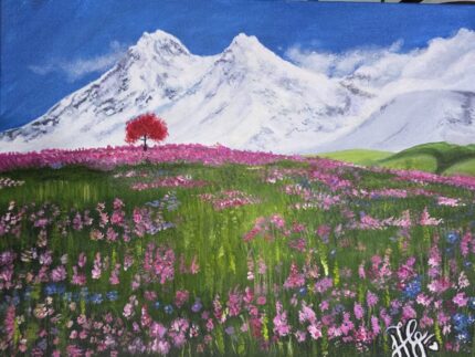 Spring Pink Flowers Near Snow Mountain